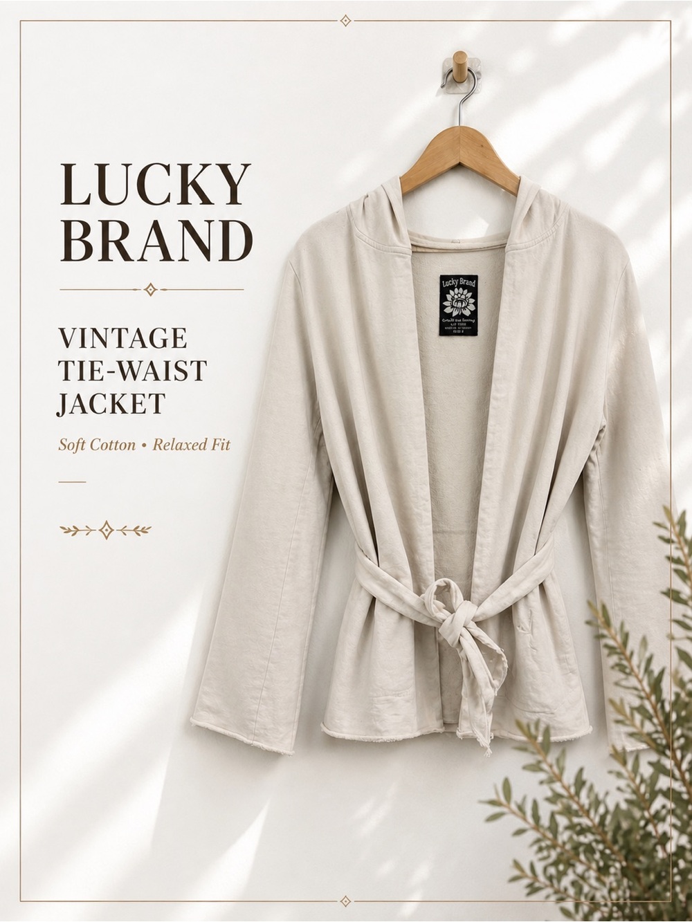 Vintage Lucky Brand Cream Hooded Wrap Jacket Boho Coastal Lounge Cardigan S